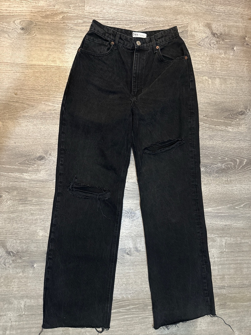 Zara Black High-Waisted Ripped Wide Leg Jeans - Size 10